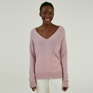 Manufacturer Custom 100% Cashmere Hand Stitching Pink V-neck Knitting Sweater