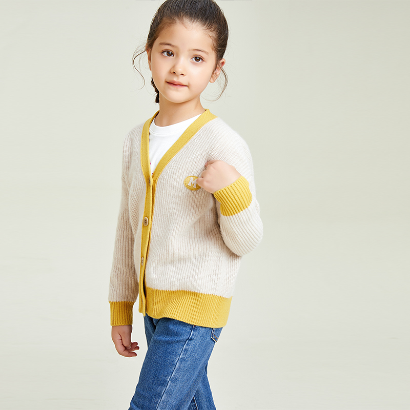 Yellow Contrast Stitching Knitting V-neck Long Sleeve Girls\' Sweater Cardigan