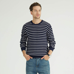 Custom Men's 100% Cotton Vintage Navy White Striped Crew Neck Sweater