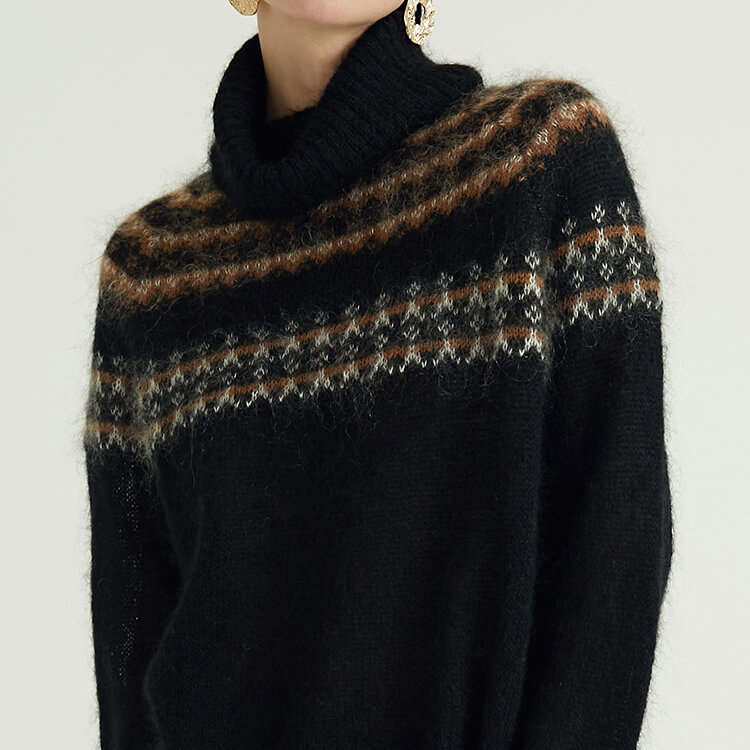 Black Long Sleeve Turtle Neck High Collar Luxury Custom Knitted Luxury Women\'s Mohair Sweater