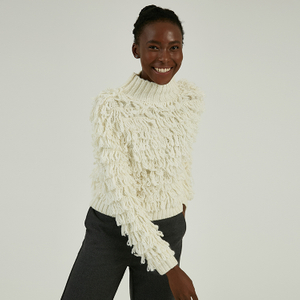 Custom Winter Heavy Gauge Stand Collar Fringed Knit Sweater