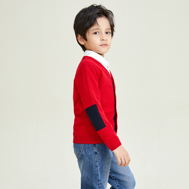 Classic Style Long Sleeve V-neck Knitted Red Button Boys Cardigan