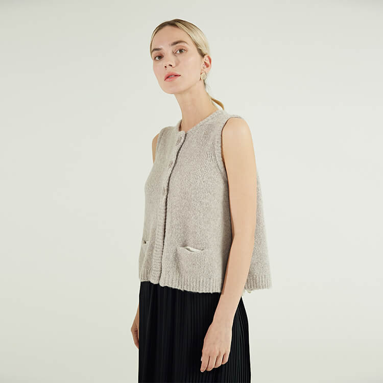 Ladies Waistcoat Stylish Grey Pocket Back Mohair Sweater Vest With A Double Lace-up