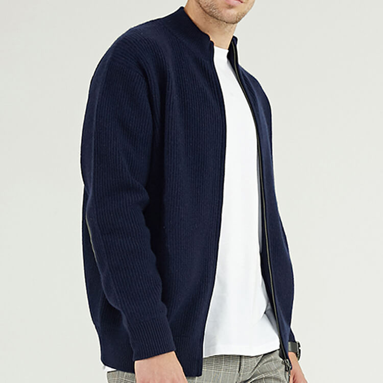 Custom Mens 100% Wool Full Zip Up Navy Blue Rib Knit Cardigan Jacket