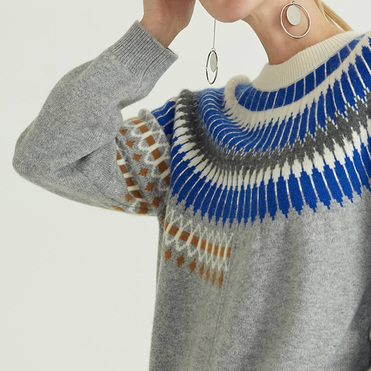Vintage Embroidered Knitted Color block Knitted Women Sweater Pullover