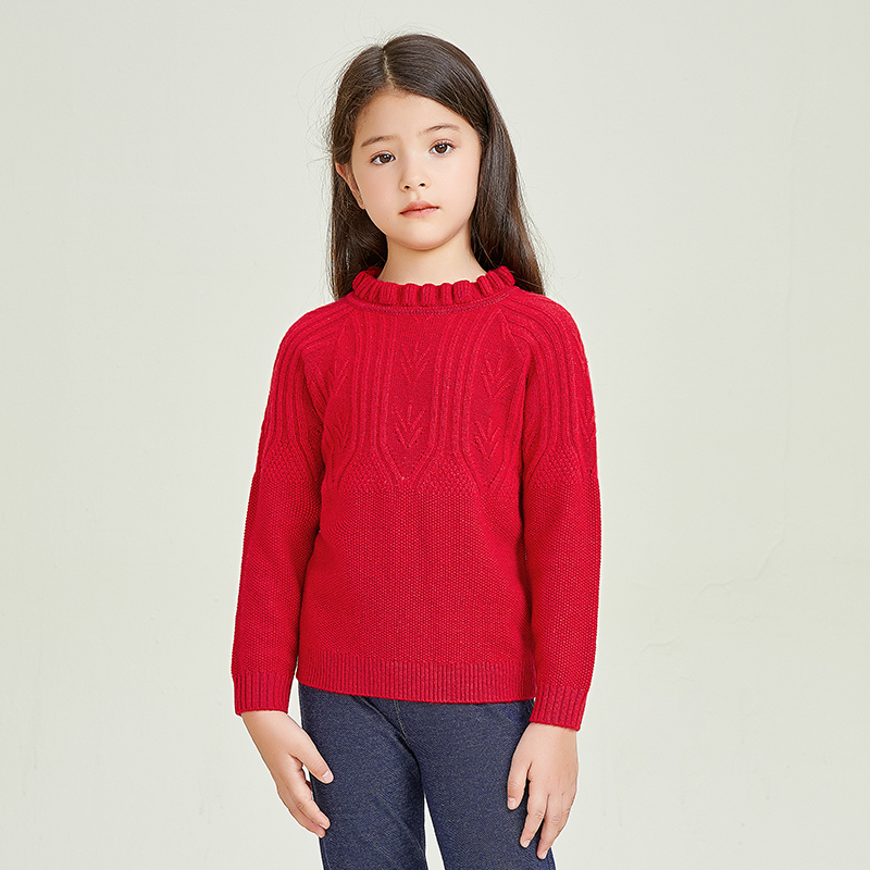 Lace Round Neck Knitting Long Sleeve Red Warm Girls Pullover Sweater