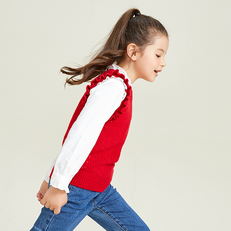 Girls\' Round Neck Sleeveless Pullover Vest With Knitted Ear Edge Design