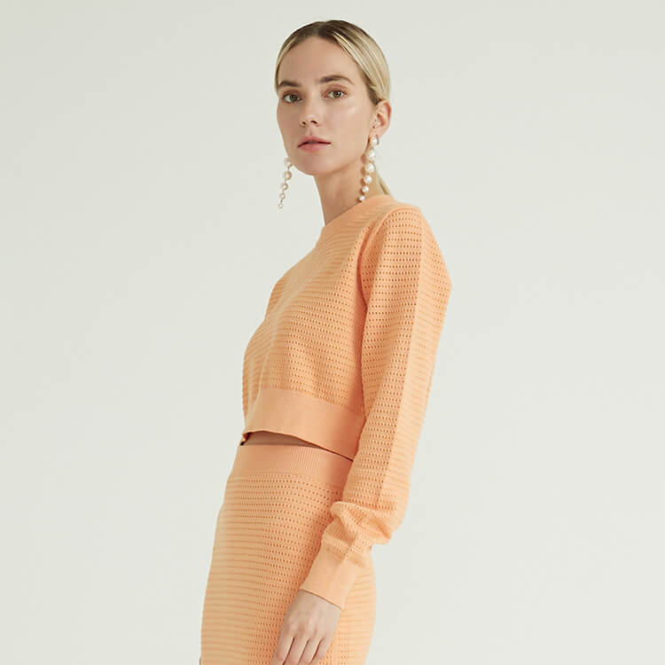 Light Orange Stealing Hole Design Simple Fashion Two Piece Set Women Clothing Shorts