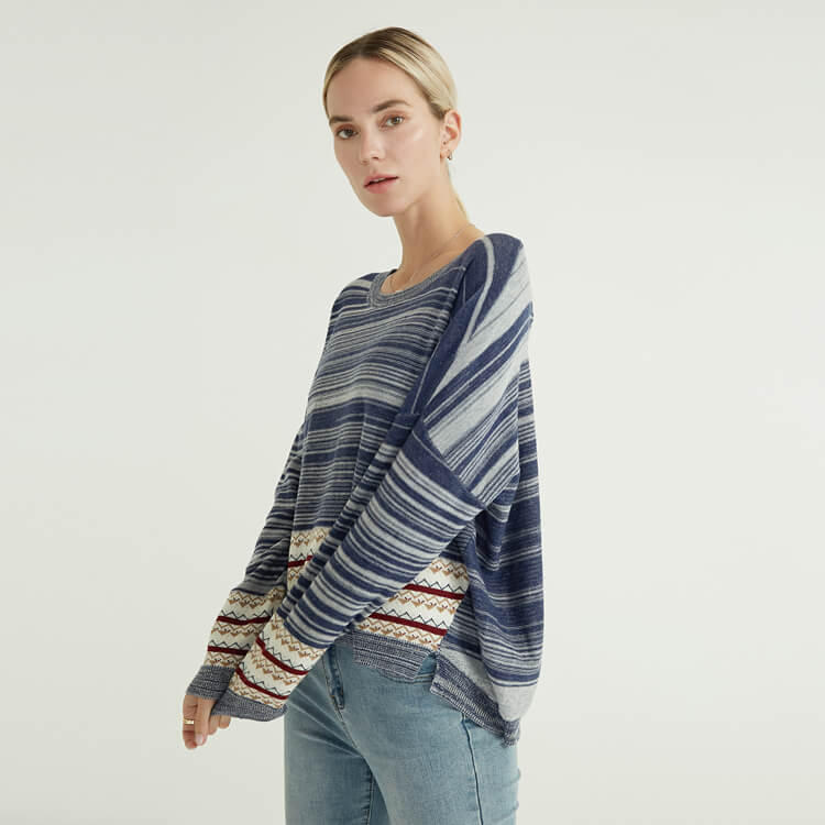 Striped Print Stitching Simple And Comfortable Knitted Pullover Women