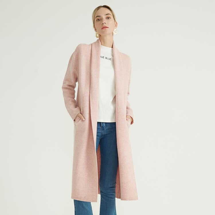 Latest Autumn Winter Merino Wool Knitted Pink Long Women Cashmere Cardigan