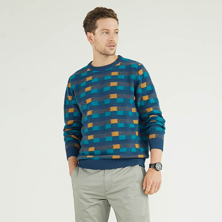 Custom Luxury Men\'s 100% Cashmere 0-neck Long Intarsia Plaid Knit Sweater
