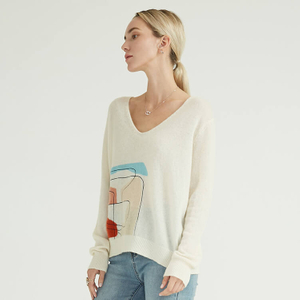 V-neck Solid Color Knitted Print Simple Winter Women Sweater Pullover